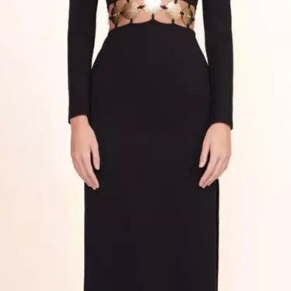 STAUD BLACK DELPHINE GOLD LOGO COIN CUTOUT MAXI DRESS BLACK SZ 8 LONG SLEEVE - Picture 6 of 15